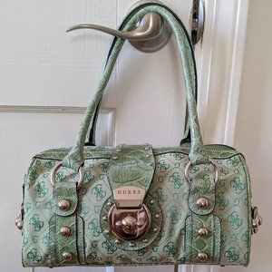 GUESS Green Monogram and Crocodile Leather Trim Satchel